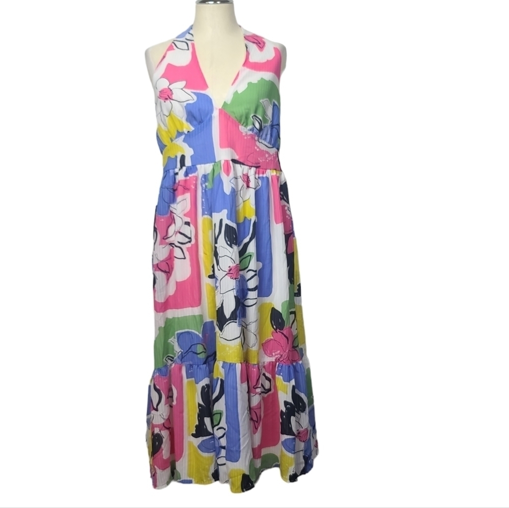 Ophelia Roe Halter Floral Colorful Multi Colored Dress 3X